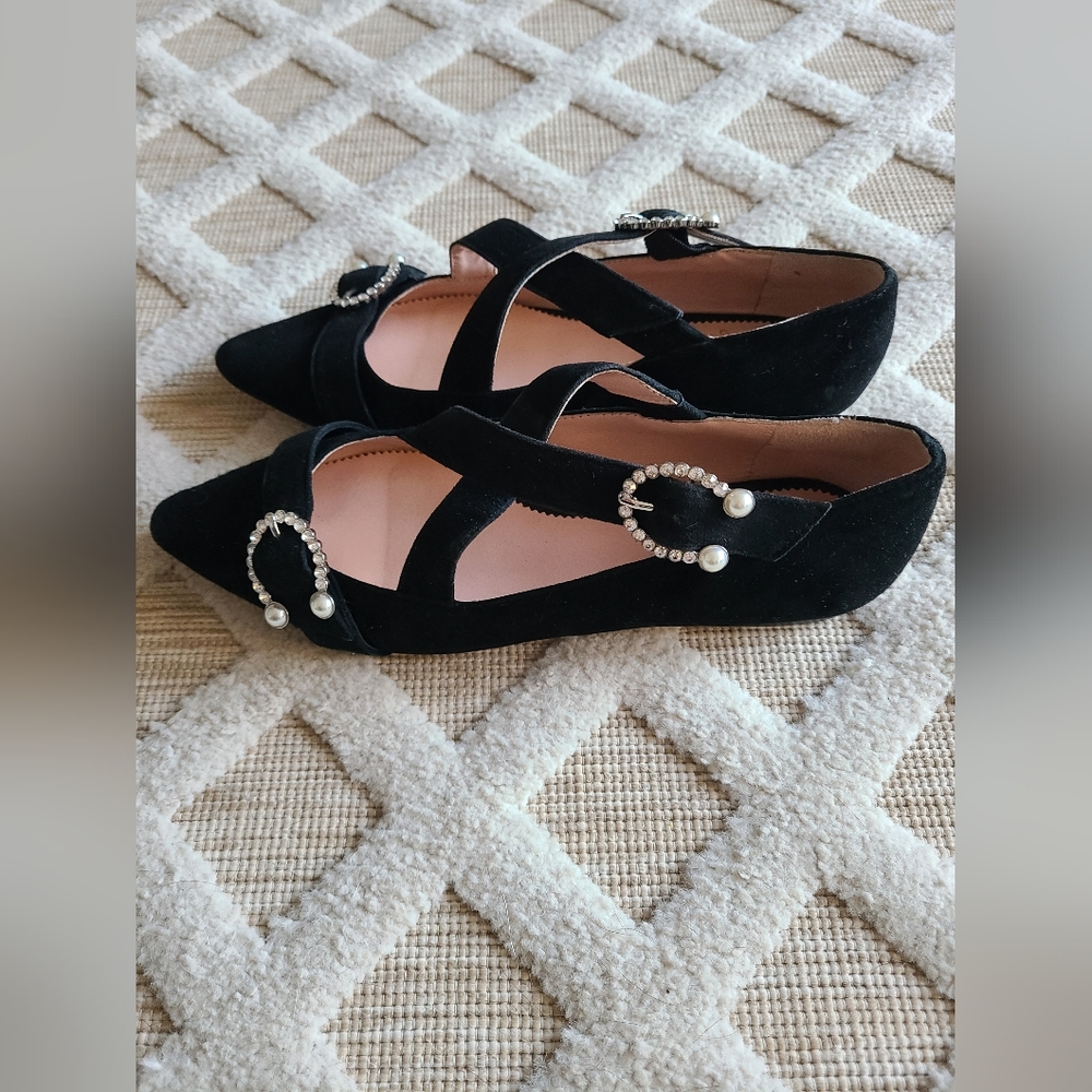 J.Crew Marina Black Suede Criss Cross Ballet Flats Rhinestones & Pearls Size 7 - Picture 4 of 9